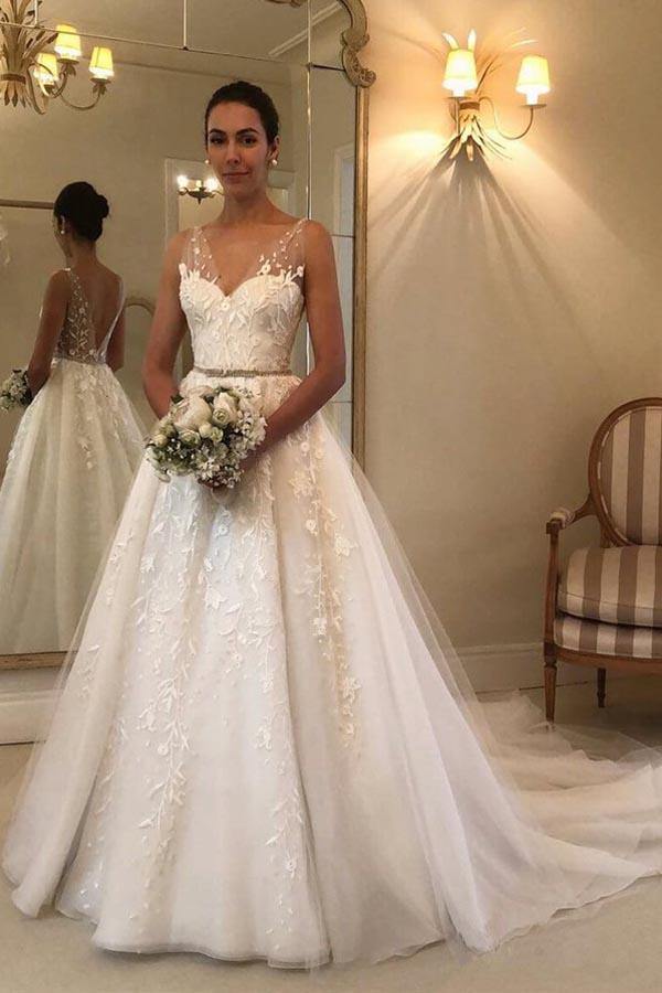 Open Back Long Aline Wedding Dress With Sweetheart Tulle
