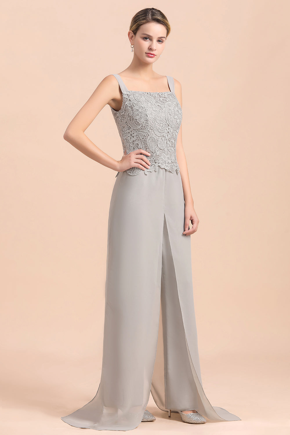 BMbridal Elegant Silver Lace Top Chiffon Mother of Bride Jumpsuit Online with Wrap