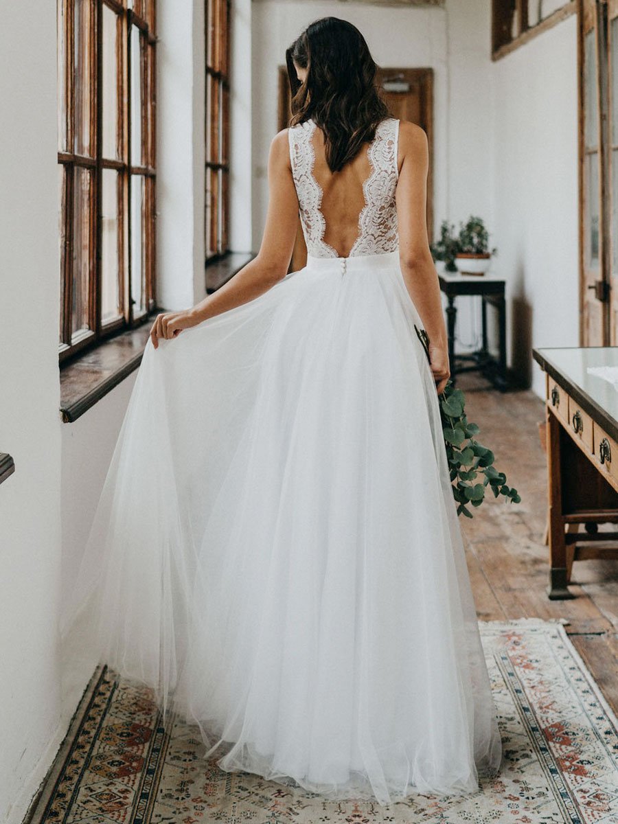 Lace Sleeveless Boho Wedding Dress With Floral Embroidery