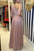 Abito da Sera Elegante Solido con Spacco e Collo Obliquo Decorato a Paillettes