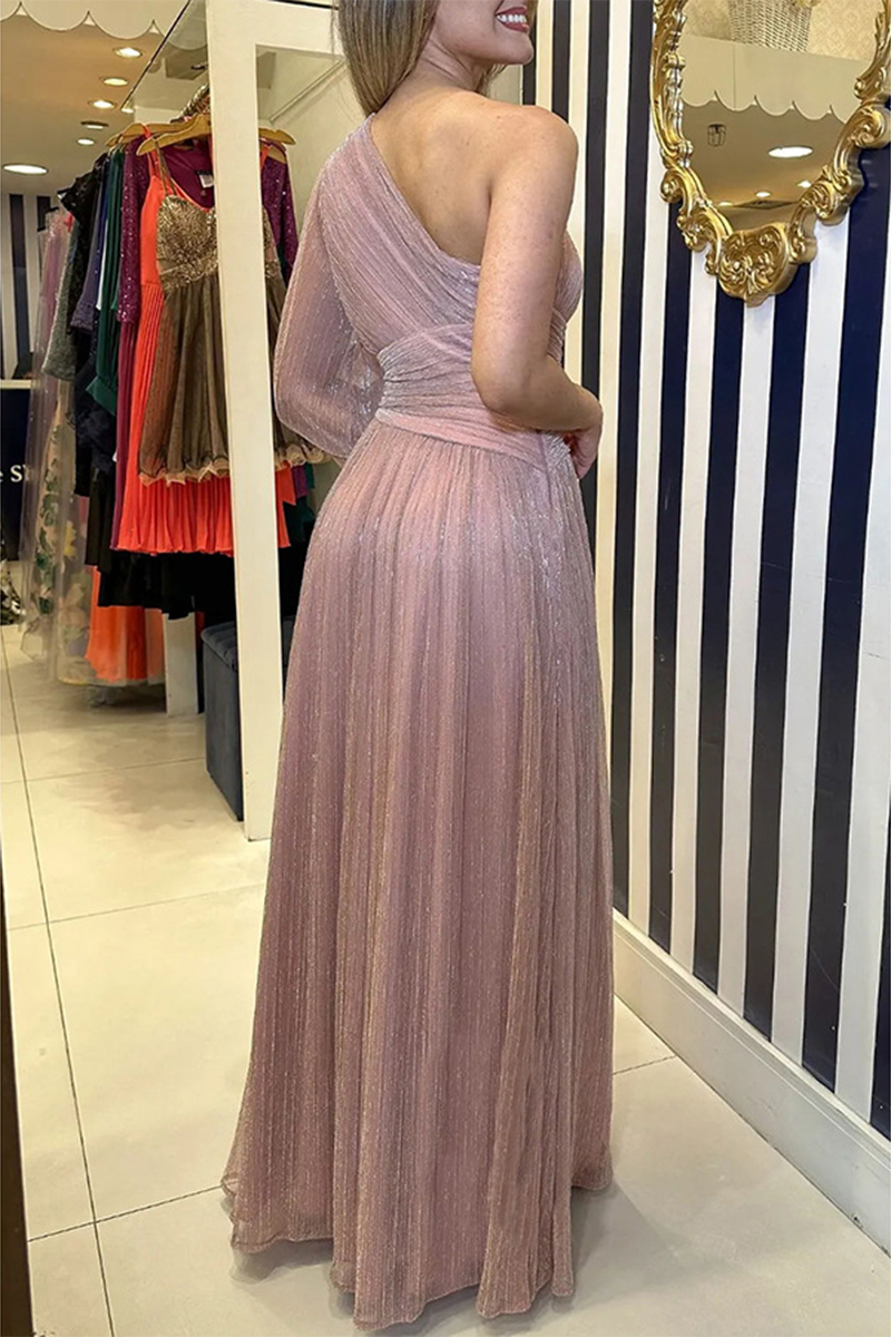 Abito da Sera Elegante Solido con Spacco e Collo Obliquo Decorato a Paillettes