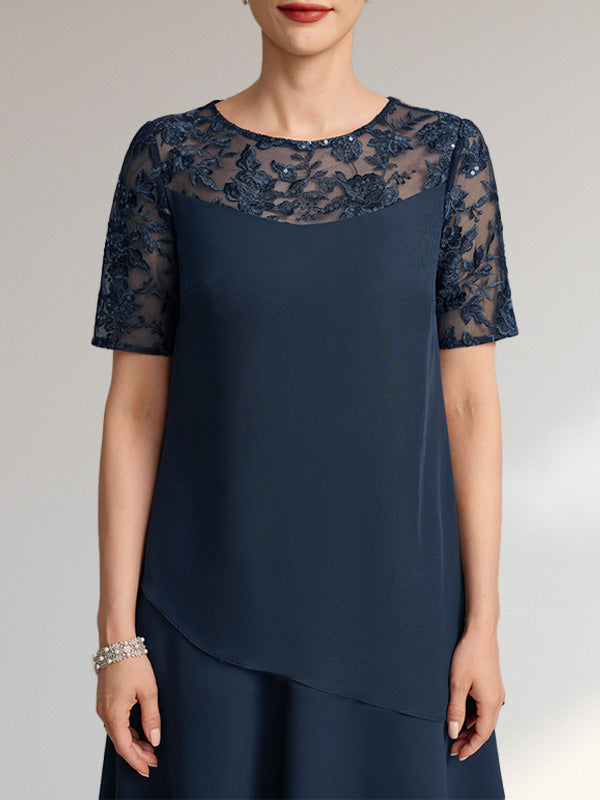 A-line Scoop Illusion Knee-Length Lace Chiffon Mother of the Bride Dress With Sequins