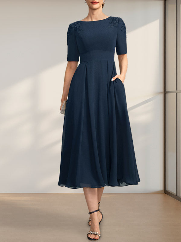 A-line Scoop Tea-Length Chiffon Mother of the Bride Dress With Appliques Lace Sequins