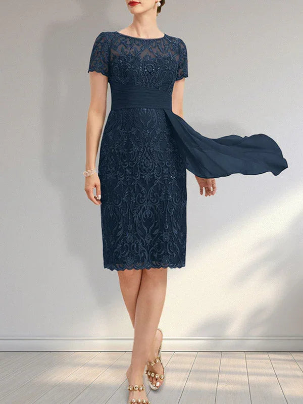 Etui-Schnitt Täuschung knielanges Spitzen-Chiffon Kleid der Brautmutter mit herabfließenden Rüschen und Pailletten