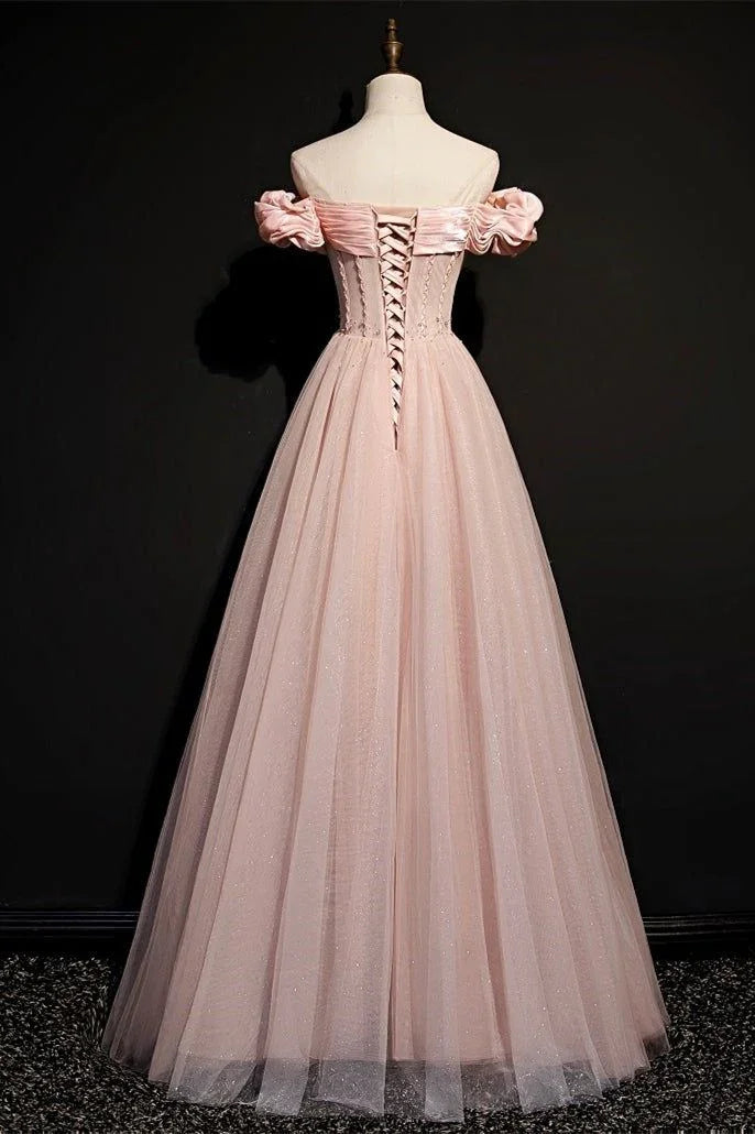 Vestido de Baile de Princesa Rosa em Tule com Contas, Decote Ombro a Ombro, Vestido de Noite Y7584