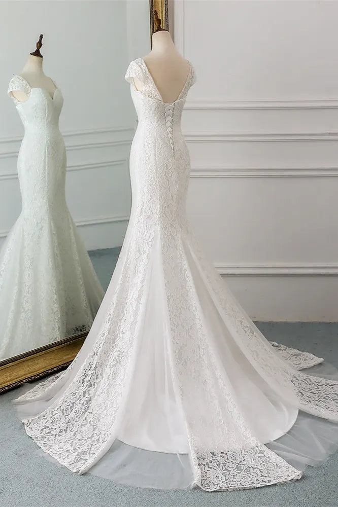 Mermaid Lace Wedding Dress With Cap Sleeves And Sweetheart Neckline