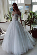Stunning Tulle Long A Line Wedding Dress With Off The Shoulder Neckline