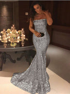 Robe de soirée sirène longue élégante sans bretelles ornée de paillettes