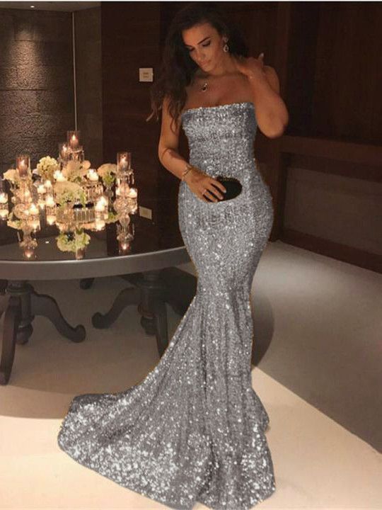 Robe de soirée sirène longue élégante sans bretelles ornée de paillettes