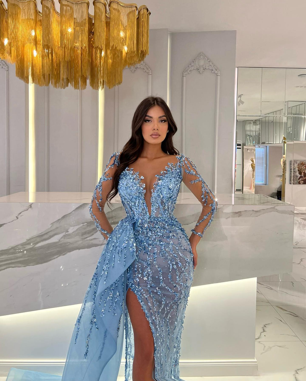 Shiny Blue Split Long Sleeves Mermaid Beaded Prom Dress With Appliques Tulle