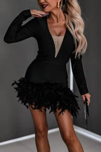 Robe de soirée asymétrique mini à manches longues plume Faites votre entrée