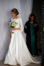 Classic Satin Long A Line Bateau Wedding Dress With Sleeves
