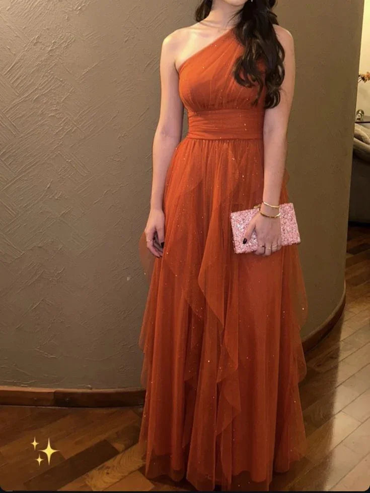Vestido de noche de tul naranja brillante con un solo hombro Vestido de gala Y7602