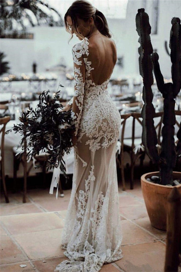 Mermaid Lace Long Sleeves Wedding Dress Elegant Bridal Gown