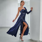 Vestido de un hombro con aberturas y borlas de lentejuelas: vestido de fiesta sexy de noche 
