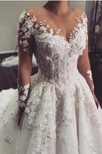 Vestido de casamento longo elegante da luva do bateau do comprimento do assoalho com apliques do laço