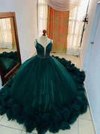 Deslumbrante Vestido de Baile com Costas em Renda e Cordões de Tule, Vestido de Princesa Verde-azulado com Folhos Y1233