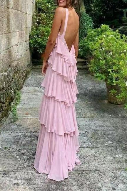 Vestido de fiesta elegante de gasa con cuello halter, con capas y espalda descubierta, vestido de noche Y1232