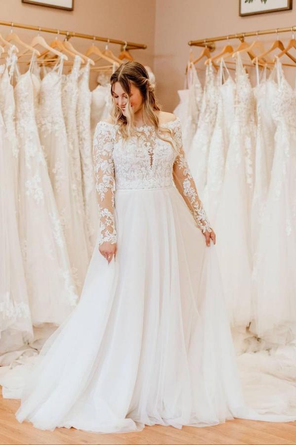 Pretty Tulle Long Sleeves Off The Shoulder Wedding Dress With Lace A Line
