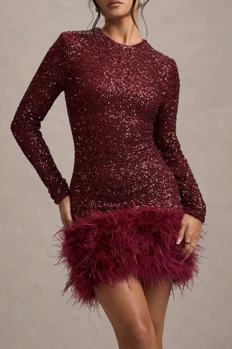 Sexy Party Pailletten Feder Saum O Hals Abendkleider (4 Farben) 