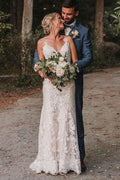 V Neck Lace Mermaid Wedding Dress With Spaghetti Straps And Court Train