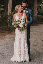 V Neck Lace Mermaid Wedding Dress With Spaghetti Straps And Court Train