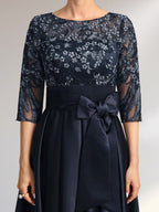 A-line Scoop Illusion Asymmetrical Satin Lace Mother of the Bride Dress With Bow