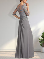 A-line Scoop Illusion Floor-Length Chiffon Lace Mother of the Bride Dress With Beading Sequins Cascading Ruffles