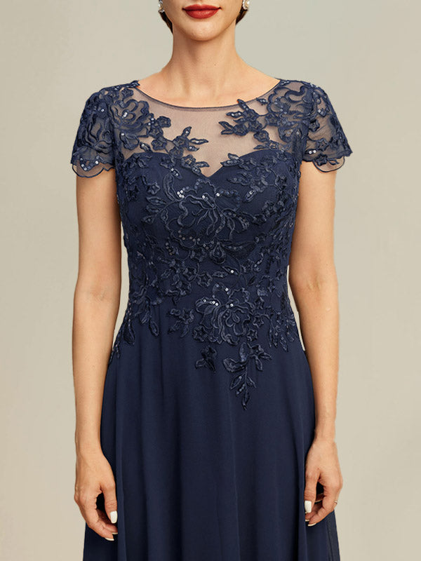 A-line Illusion Scoop Tea-Length Lace Chiffon Mother of the Bride Dress With Sequins