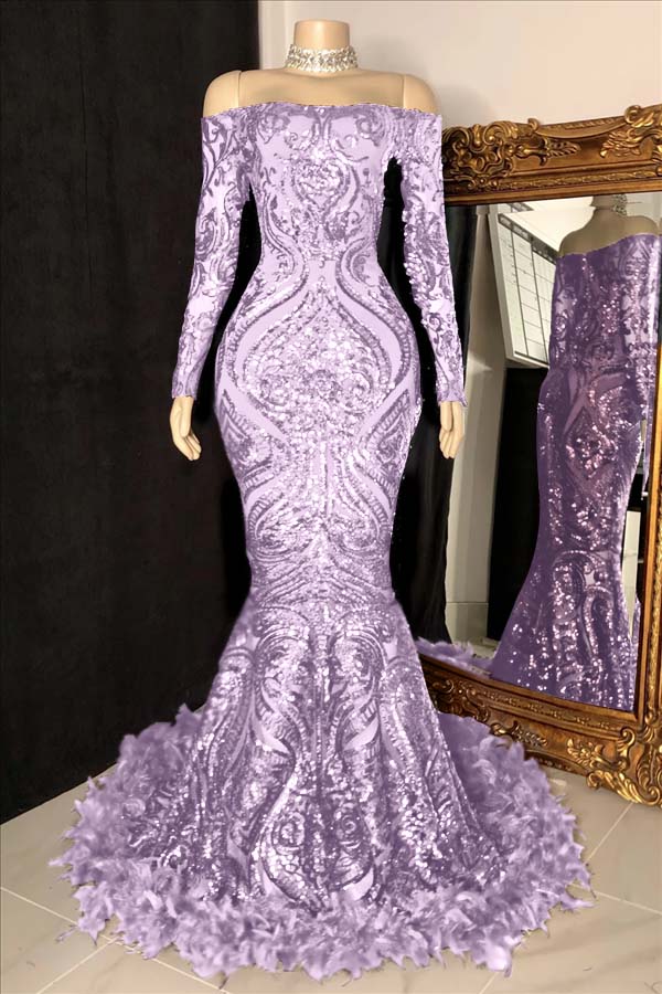 Custom Made Burgundy Sequin Mermaid Prom Dress With Long Sleeves And Feathers