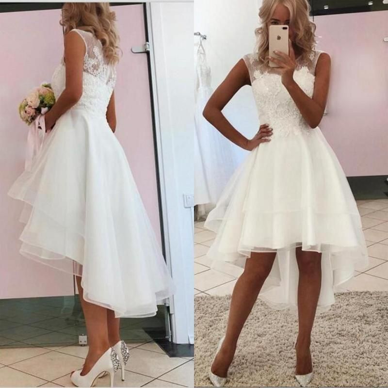 Classy Sleeves Hi-Lo A-Line Wedding Dress With Lace and Bateau Neckline