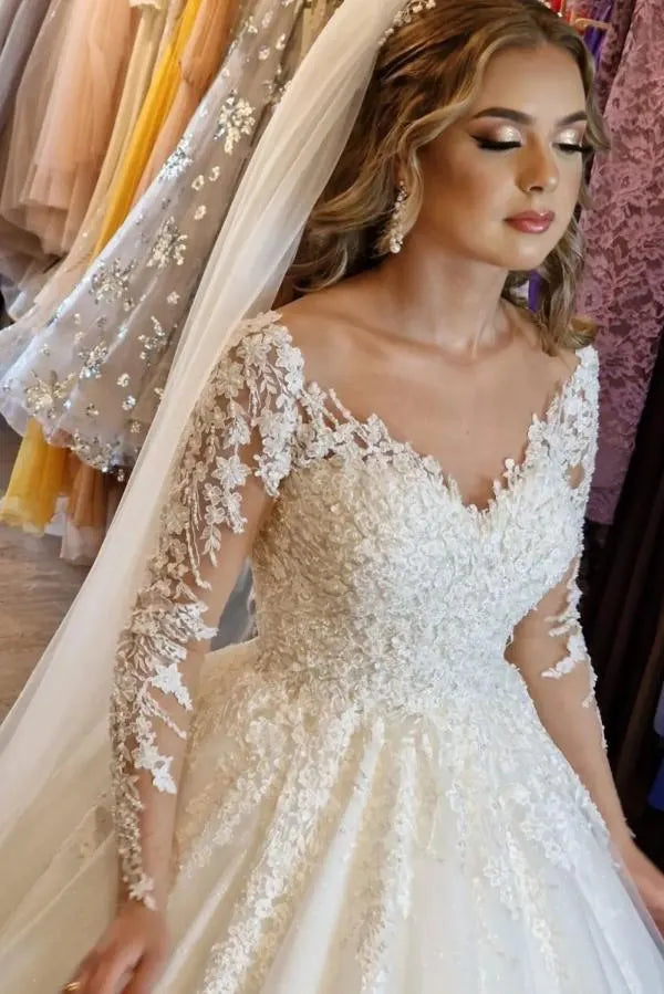 White Lace V Neck A Line Wedding Dress With Long Sleeves