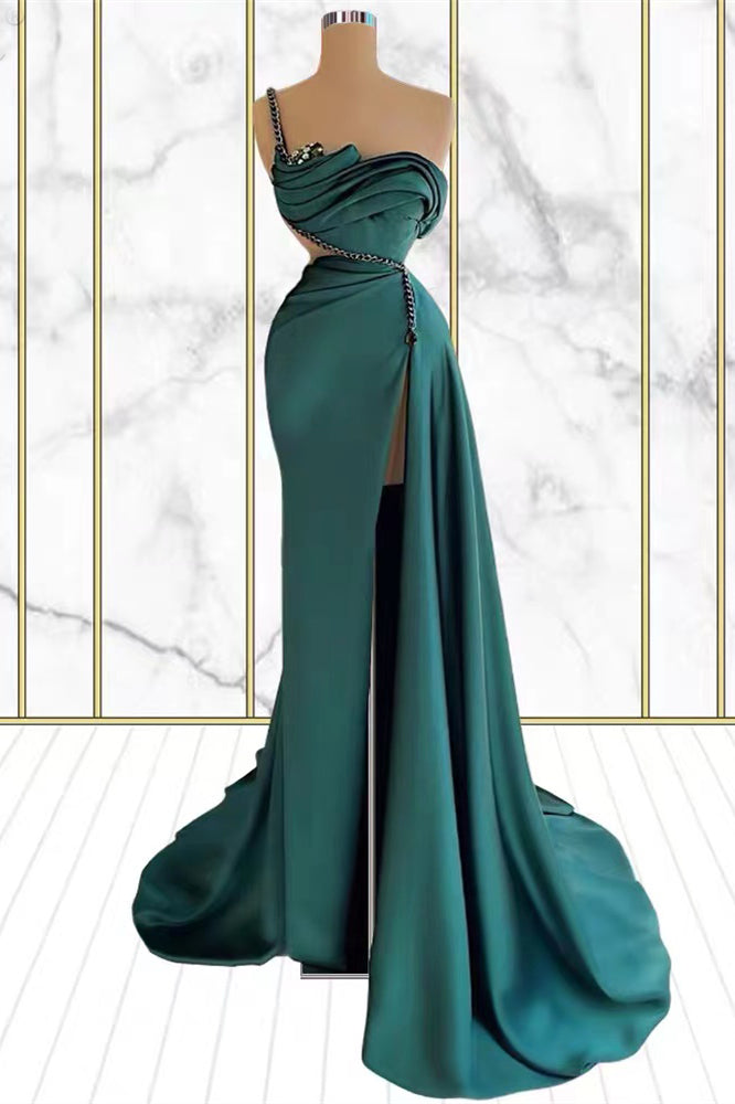 Robe de bal sirène émeraude à strass avec fente et une épaule nue