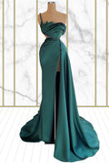 Robe de bal sirène émeraude à strass avec fente et une épaule nue