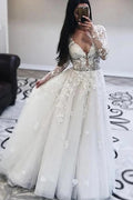 Classy Deep V Neck Long Sleeve A Line Wedding Dress With Applique Lace Tulle