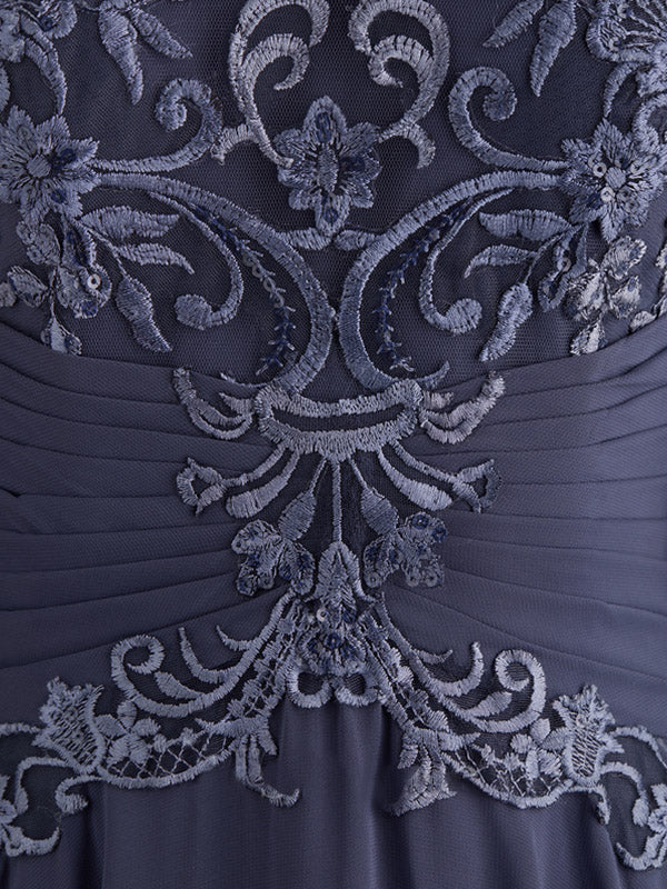 A-line Scoop Illusion Floor-Length Chiffon Lace Mother of the Bride Dress With Pleated Sequins