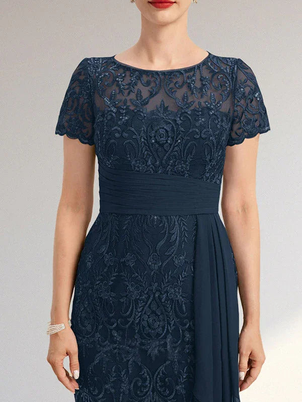 Etui-Schnitt Täuschung knielanges Spitzen-Chiffon Kleid der Brautmutter mit herabfließenden Rüschen und Pailletten