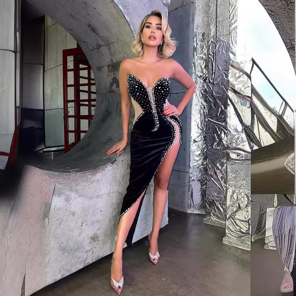 Abito Sexy Senza Spalline con Perline ad Effetto Bodycon per Feste e Balli