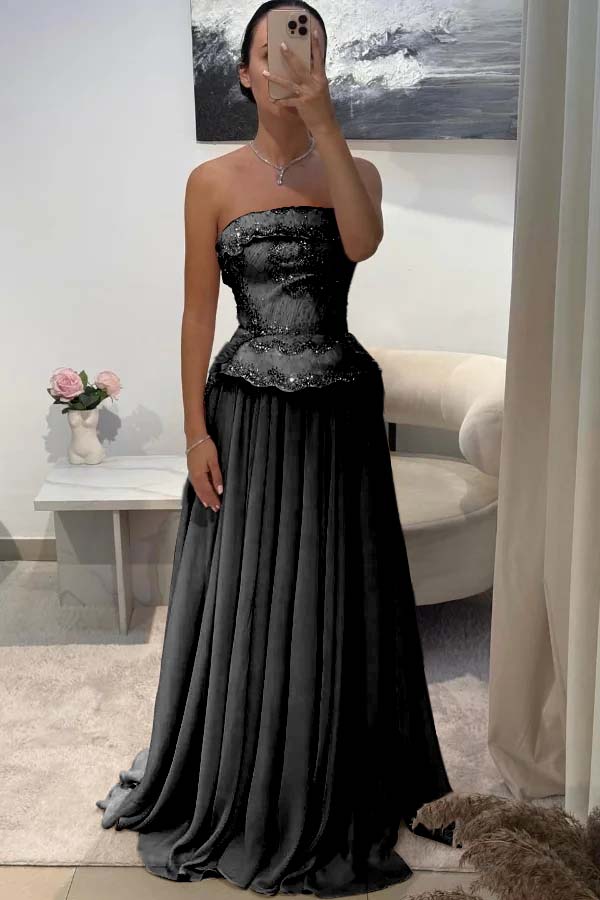 Chic Strapless Sleeveless Long Pleated Beaded Custom Prom Dress