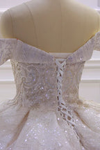 Off The Shoulder Satin Ball Gown Wedding Dress With Ruffles Beading And Sequins