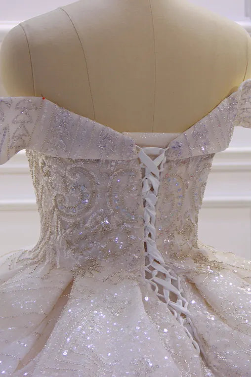 Off The Shoulder Satin Ball Gown Wedding Dress With Ruffles Beading And Sequins