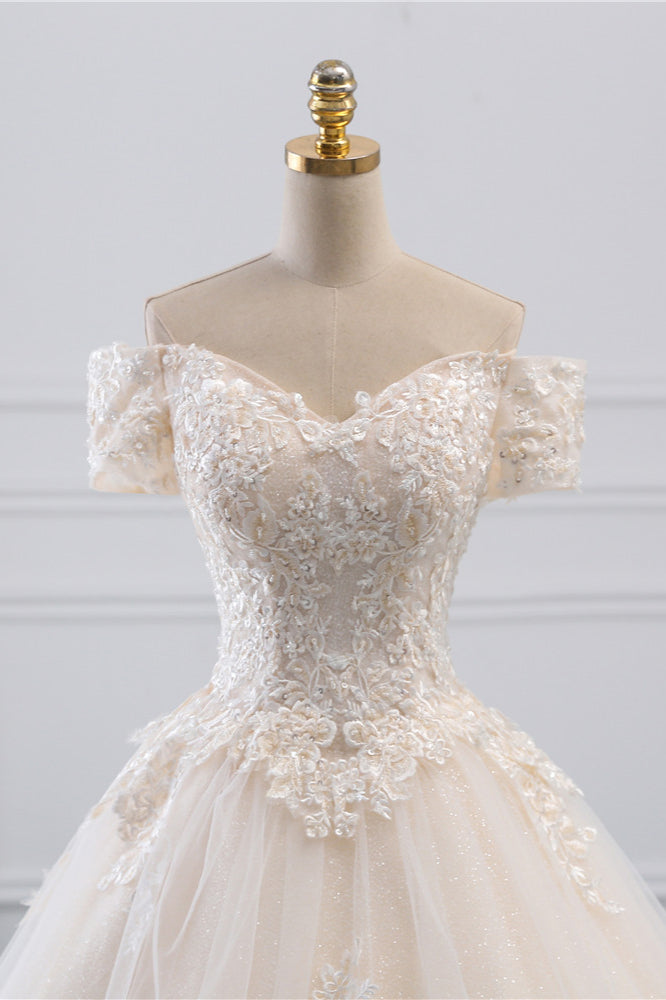 Off The Shoulder Tulle Princess Long Wedding Dress With Appliques Lace