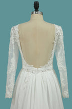 Elegant A Line Chiffon Floor Length Wedding Dress With Long Sleeves Ruffles