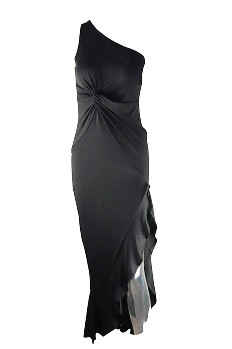 Robe de soirée élégante à une épaule avec fente et volants solides (8 couleurs)