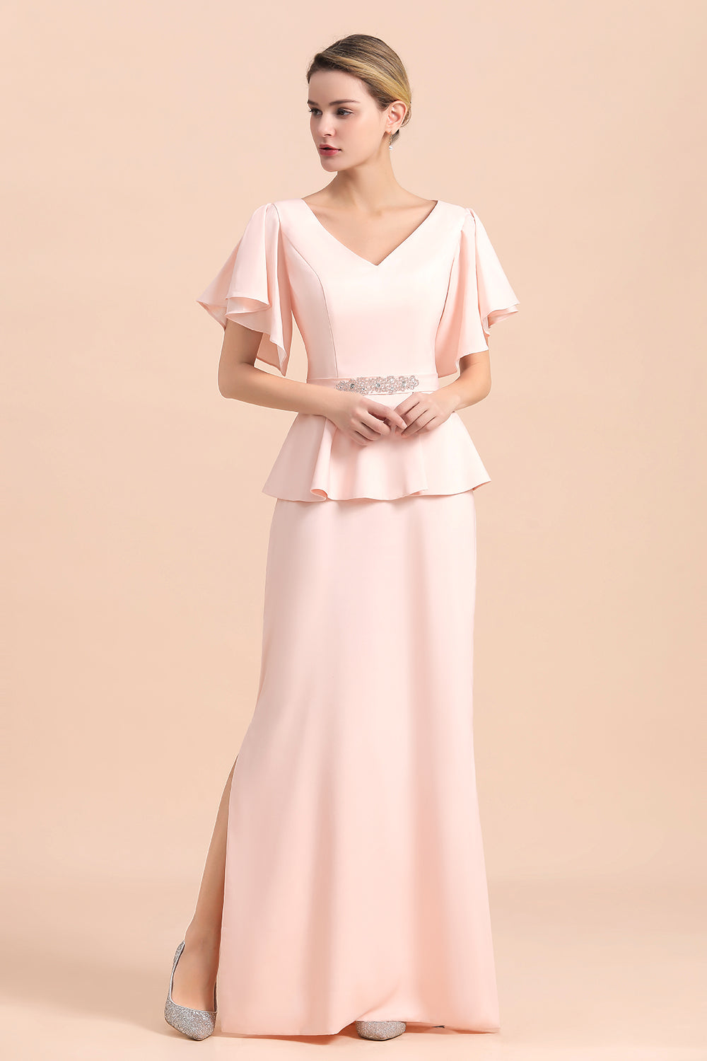 BMbridal Glamorous V-Neck Front Slit Mother of Bride Dresses with Beadings Sash