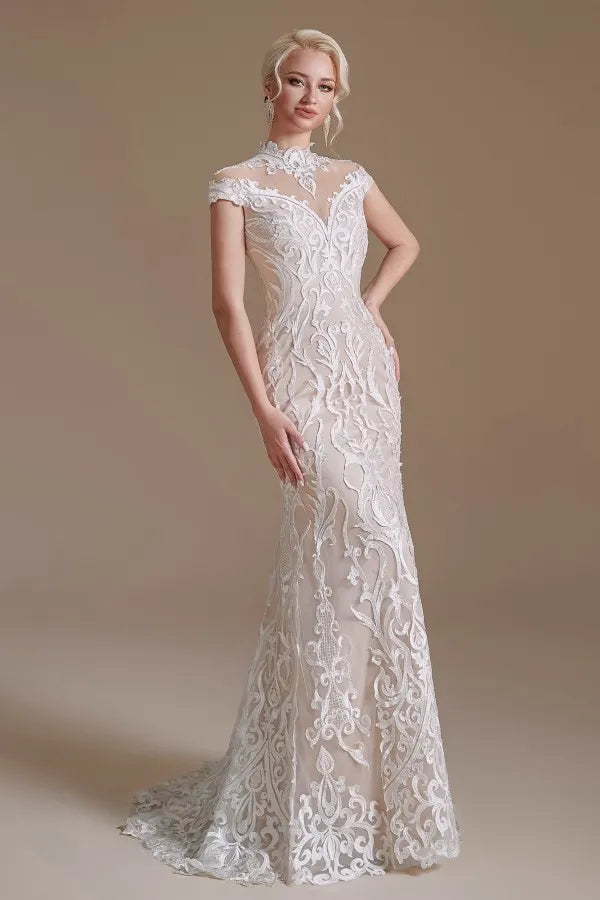 Sexy Lace Mermaid Wedding Dress With High Neck And Long Sleeves