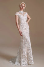 Sexy Lace Mermaid Wedding Dress With High Neck And Long Sleeves