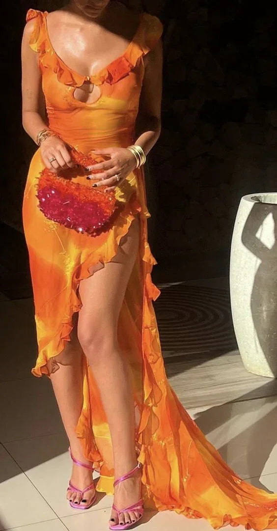 Einzigartiges Chiffonkleid mit Rüschen und Schlitz, lang, Ballkleid für Abendveranstaltungen Y7497