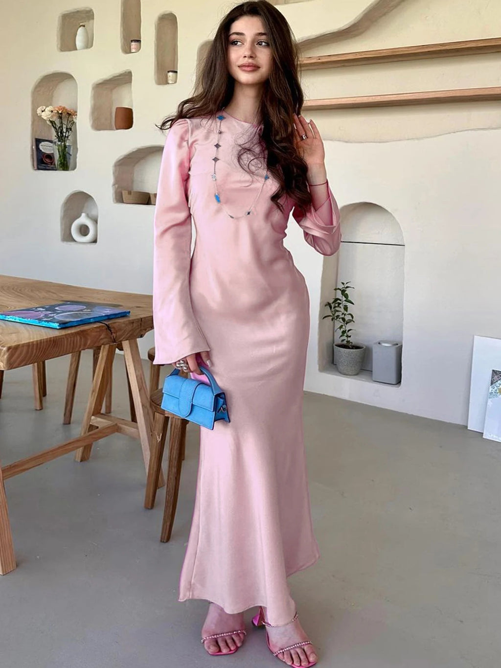 Vestido Maxi Fino TARUXY Para Mulheres Elegante Sólido Para Festa e Noite Mulheres Cintura Alta Luxuoso Feminino Moda Outono