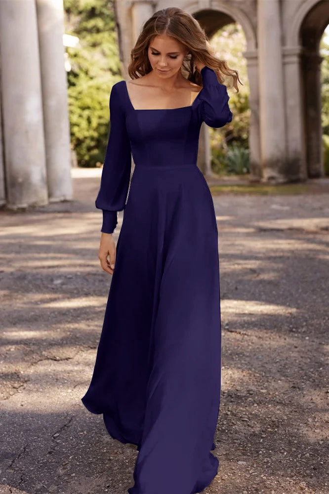 Square Neckline A Line Long Sleeve Wedding Dress For Elegant Bridal